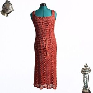 Vintage Seabreeze Boutique burnt orange crochet floral long maxi dress